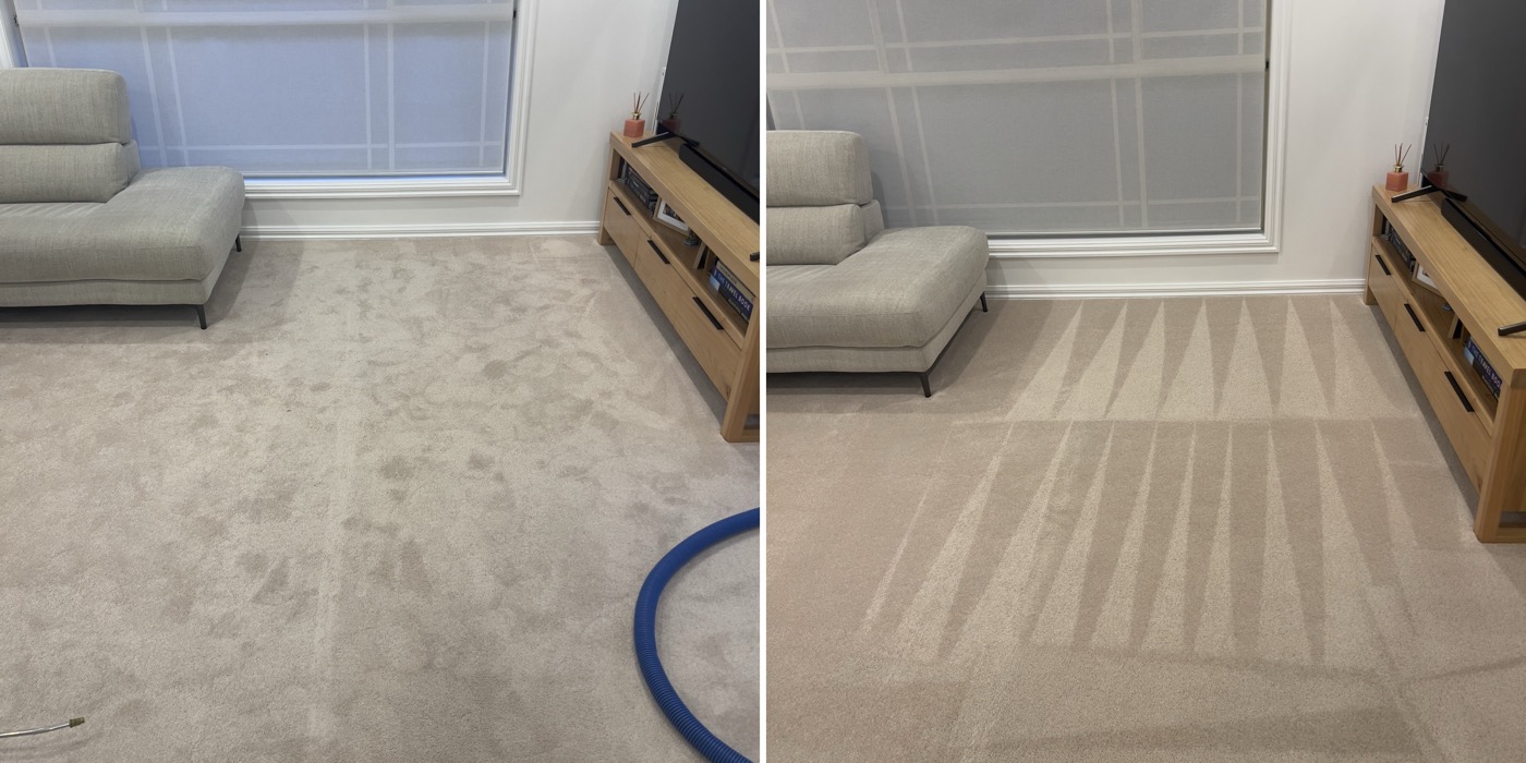 Left: carpet mid-job with cleaning equipment. Right: the same living room after hot-water extraction, wand strokes still visible