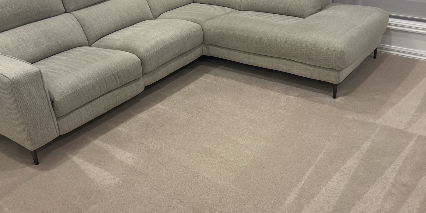 Freshly cleaned carpet in a living room with a corner sofa