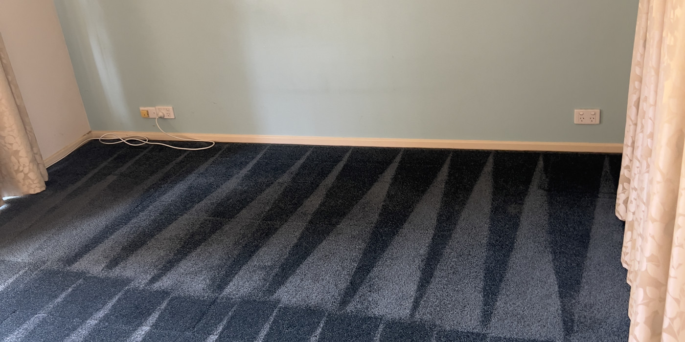Bedroom carpet and curtains after a steam clean, drying with the room aired out